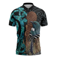 New Zealand Tui Bird Wahaika Zipper Polo Shirt Maori Weapon Paua Shell Koru Pattern LT22 Black - Polynesian Pride