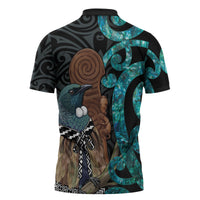 New Zealand Tui Bird Wahaika Zipper Polo Shirt Maori Weapon Paua Shell Koru Pattern LT22 - Polynesian Pride