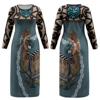 New Zealand Tui Bird Maripi Couples Matching Long Sleeve Bodycon Dress and Long Sleeve Button Shirt Maori Weapon Kowhaiwhai Pattern