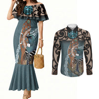 New Zealand Tui Bird Maripi Couples Matching Mermaid Dress and Long Sleeve Button Shirt Maori Weapon Kowhaiwhai Pattern