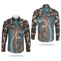 New Zealand Tui Bird Maripi Couples Matching Off Shoulder Short Dress and Long Sleeve Button Shirt Maori Weapon Kowhaiwhai Pattern