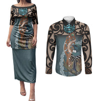 New Zealand Tui Bird Maripi Couples Matching Puletasi and Long Sleeve Button Shirt Maori Weapon Kowhaiwhai Pattern
