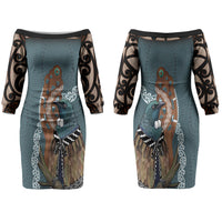 New Zealand Tui Bird Maripi Family Matching Off The Shoulder Long Sleeve Dress and Hawaiian Shirt Maori Weapon Kowhaiwhai Pattern