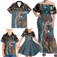 New Zealand Tui Bird Maripi Family Matching Off Shoulder Maxi Dress and Hawaiian Shirt Maori Weapon Kowhaiwhai Pattern
