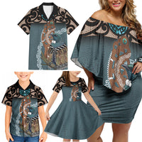 New Zealand Tui Bird Maripi Family Matching Off Shoulder Short Dress and Hawaiian Shirt Maori Weapon Kowhaiwhai Pattern LT22 - Polynesian Pride