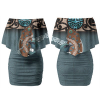 New Zealand Tui Bird Maripi Family Matching Off Shoulder Short Dress and Hawaiian Shirt Maori Weapon Kowhaiwhai Pattern LT22 Mom's Dress Slate Blue - Polynesian Pride