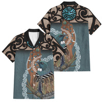 New Zealand Tui Bird Maripi Family Matching Off Shoulder Short Dress and Hawaiian Shirt Maori Weapon Kowhaiwhai Pattern LT22 Dad's Shirt - Short Sleeve Slate Blue - Polynesian Pride