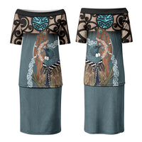 New Zealand Tui Bird Maripi Family Matching Puletasi and Hawaiian Shirt Maori Weapon Kowhaiwhai Pattern LT22 Mom's Dress Slate Blue - Polynesian Pride