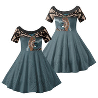 New Zealand Tui Bird Maripi Family Matching Puletasi and Hawaiian Shirt Maori Weapon Kowhaiwhai Pattern LT22 Daughter's Dress Slate Blue - Polynesian Pride