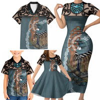 New Zealand Tui Bird Maripi Family Matching Short Sleeve Bodycon Dress and Hawaiian Shirt Maori Weapon Kowhaiwhai Pattern