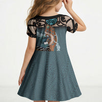 New Zealand Tui Bird Maripi Kid Short Sleeve Dress Maori Weapon Kowhaiwhai Pattern LT22 - Polynesian Pride