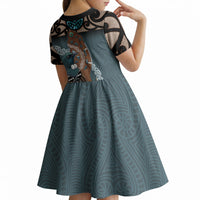New Zealand Tui Bird Maripi Kid Short Sleeve Dress Maori Weapon Kowhaiwhai Pattern LT22 - Polynesian Pride