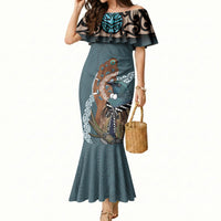 New Zealand Tui Bird Maripi Mermaid Dress Maori Weapon Kowhaiwhai Pattern LT22 Women Slate Blue - Polynesian Pride