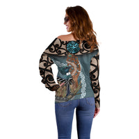 New Zealand Tui Bird Maripi Off Shoulder Sweater Maori Weapon Kowhaiwhai Pattern