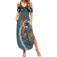 New Zealand Tui Bird Maripi Summer Maxi Dress Maori Weapon Kowhaiwhai Pattern