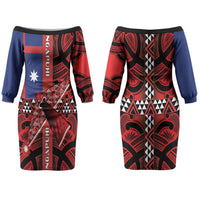Aotearoa Iwi Ngapuhi Family Matching Off The Shoulder Long Sleeve Dress and Hawaiian Shirt Tuhoronuku Kite United Tribes Flag Maori Pattern LT22 Mom's Dress Red - Polynesian Pride
