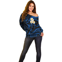 Personalised Niihau Hawaii Off Shoulder Sweater Polynesian Tattoo and Pacific Plumeria Blue Vibe LT9 - Polynesian Pride