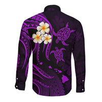 Personalised Niihau Hawaii Long Sleeve Button Shirt Polynesian Tattoo and Pacific Plumeria Purple Vibe LT9 - Polynesian Pride