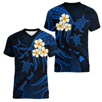 Personalised Molokai Hawaii Women V Neck T Shirt Polynesian Tattoo and Pacific Plumeria Blue Vibe LT9 - Polynesian Pride