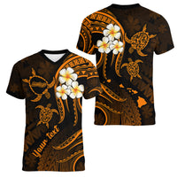 Personalised Molokai Hawaii Women V Neck T Shirt Polynesian Tattoo and Pacific Plumeria Gold Vibe LT9 - Polynesian Pride
