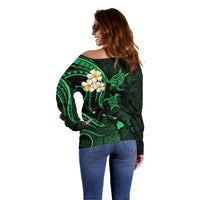 Personalised Molokai Hawaii Off Shoulder Sweater Polynesian Tattoo and Pacific Plumeria Green Vibe LT9 - Polynesian Pride