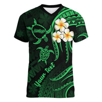 Personalised Molokai Hawaii Women V Neck T Shirt Polynesian Tattoo and Pacific Plumeria Green Vibe LT9 Female Green - Polynesian Pride