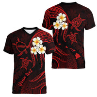 Personalised Molokai Hawaii Women V Neck T Shirt Polynesian Tattoo and Pacific Plumeria Red Vibe LT9 - Polynesian Pride