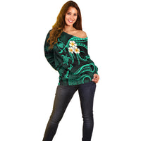 Personalised Kauai Hawaii Off Shoulder Sweater Polynesian Tattoo and Pacific Plumeria Turquoise Vibe LT9 - Polynesian Pride