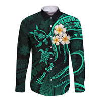 Personalised Maui Hawaii Long Sleeve Button Shirt Polynesian Tattoo and Pacific Plumeria Turquoise Vibe LT9 Unisex Turquoise - Polynesian Pride