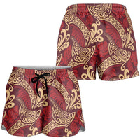 Luxury Red Monstera Shorts for Women Polynesian Tribal Pattern LT01 - Polynesian Pride