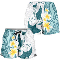 Maori Manta Ray Plumeria Teal Shorts for Women - Polynesian Pride