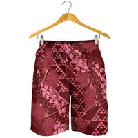 Maroon Aloha Hawaii Shorts for Men Hawaiian Kakau Ohia Lehua Lei LT14 - Polynesian Pride