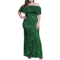 Polynesian Tribal Green Family Matching Off Shoulder Maxi Dress and Hawaiian Shirt Turtle Tattoo LT05