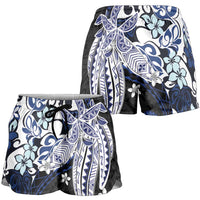 Monstera Plumeria Flowers Blue Shorts for Women Polynesian Pattern LT01 - Polynesian Pride