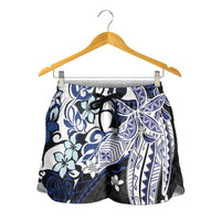 Monstera Plumeria Flowers Blue Shorts for Women Polynesian Pattern LT01 - Polynesian Pride