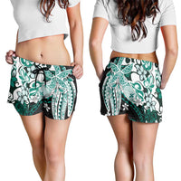 Monstera Plumeria Flowers Teal Shorts for Women Polynesian Pattern LT01 - Polynesian Pride