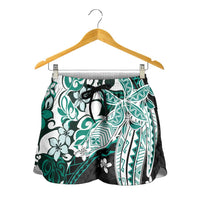 Monstera Plumeria Flowers Teal Shorts for Women Polynesian Pattern LT01 - Polynesian Pride