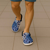 New Zealand Clogs Shoes Aotearoa Kowhaiwhai Mix Taniko Art - Blue LT14 - Polynesian Pride