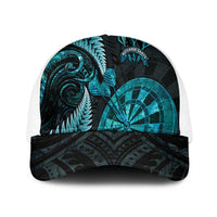 New Zealand Darts Mesh Trucker Cap Happiness Is A Tight Threesome Maori Paua Shell LT14 One Size White Turquoise - Polynesian Pride