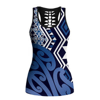 New Zealand Hollow Tank Top Aotearoa Kowhaiwhai Mix Taniko Art - Blue LT14 Female Blue - Polynesian Pride