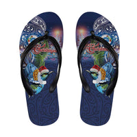 New Zealand Merry Christmas Flip Flops Maori Tribal Pattern with Xmas Tui Bird