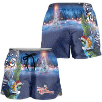New Zealand Merry Christmas Shorts for Women Maori Tribal Pattern with Xmas Tui Bird