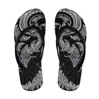 New Zealand Sea Animals with Maori Tribal Tattoo Flip Flops Shark Manta Ray with Silver Fern Black