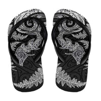 New Zealand Sea Animals with Maori Tribal Tattoo Flip Flops Shark Manta Ray with Silver Fern Black