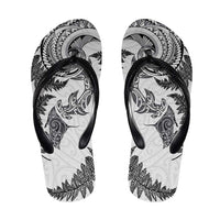 New Zealand Sea Animals with Maori Tribal Tattoo Flip Flops Shark Manta Ray with Silver Fern White