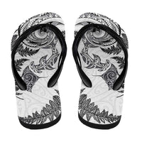 New Zealand Sea Animals with Maori Tribal Tattoo Flip Flops Shark Manta Ray with Silver Fern White