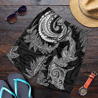 New Zealand Sea Animals with Maori Tribal Tattoo Shorts for Men Shark Manta Ray with Silver Fern Black