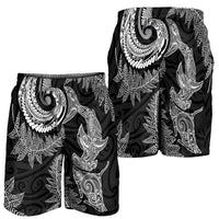 New Zealand Sea Animals with Maori Tribal Tattoo Shorts for Men Shark Manta Ray with Silver Fern Black