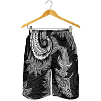New Zealand Sea Animals with Maori Tribal Tattoo Shorts for Men Shark Manta Ray with Silver Fern Black