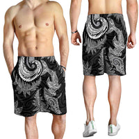 New Zealand Sea Animals with Maori Tribal Tattoo Shorts for Men Shark Manta Ray with Silver Fern Black